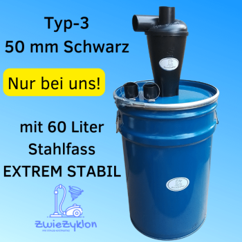 60 Liter Stahlfass -extrem stabil- Blau mit Zyklonabscheider Typ-3 Schwarz für Staubsauger